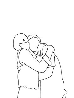 a black and white drawing of two people hugging