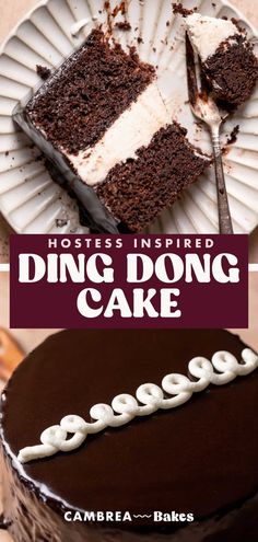 there is a chocolate cake with white frosting on it and the words, hostess inspired ding dong cake