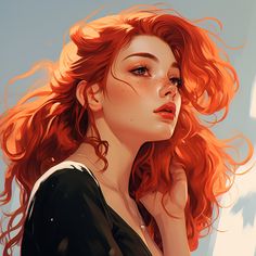 a painting of a woman with red hair looking to her left and the sky in the background