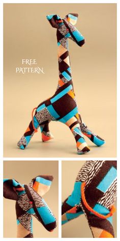 the giraffe is made out of fabric and has an interesting pattern on it