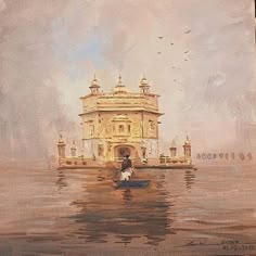 an oil painting of a man in a boat on the water with a building behind him