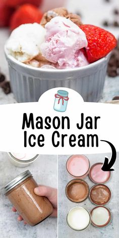 mason jar ice cream recipe with chocolate chips, strawberries and whipped cream in it