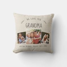 Custom Grandma Photo Collage Rustic Modern Cream Throw Pillow Elegant Grandma, Mommy Photos, Grandma Pillow, Grey Throw Pillow, Grandma Photos, Top Gifts For Kids, Whimsical Typography, Cream Throw Pillows, Unique Postcards