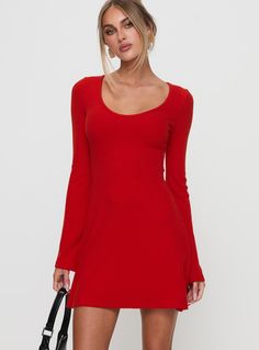 Mini dress  Ribbed material, scoop neckline, flare cuffs & hem Good stretch, unlined 100% polyester  Cold gentle machine wash Mini Dress Red, Good Stretches, Red Mini Dress, Long Sleeve Mini, Long Sleeve Mini Dress, Dress Red, Princess Polly, Scoop Neckline, Mini Dress