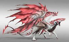 a red and white dragon with large wings on it's back legs, standing in front of a gray background