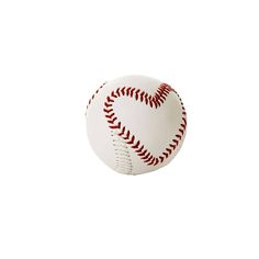 a white baseball with red stitching on the outside and inside, sitting on a white surface