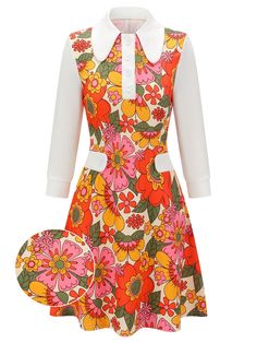 Orange 1960s Lapel Flowers Patchwork Dress – Retro Stage - Chic Vintage Dresses and Accessories Lapel Flowers, Style Vert, Retro Stage, Lapel Flower, Standard Dress, 1960's Dress, Fashion Board, Patchwork Dress, Mode Vintage