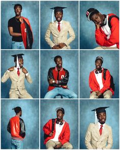 a collage of nine photos of young men in graduation caps and gowns posing for the camera