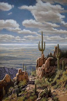 a painting of a desert scene with cacti and rocks