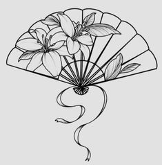 a black and white drawing of flowers in a fan