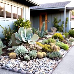 a house with lots of plants and rocks in front of the house, including succulents