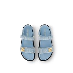 LOUIS VUITTON® - Lv Sunset Flat Comfort Sandal - Light Blue Louis Vuitton Sneakers Women, Lv Slides, Shoes Louis Vuitton, Luxury Sandals, Lv Shoes, Spring Sandals, Sandals Outfit, Louis Vuitton Sandals, Girly Shoes