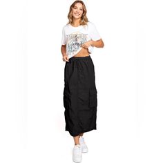 Love Tree Nylon Parachute Cargo Maxi Skirt Chic, Parachute Skirt With An Elastic Waistband, A Drawstring Cinch Tie And Cargo Pockets Down The Sides. Pair It With A Graphic Tee And Sneakers For An Effortless Streetwear Look. Size Large Waist 16” Across Length 35” Black Cargo Skirt, Parachute Skirt, Blue Pleated Skirt, Parachute Cargo, Button Up Skirts, Skirts Midi High Waisted, Love Tree, Cargo Skirt, Black Midi Skirt