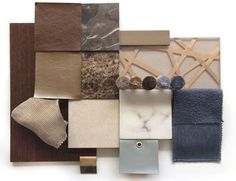 an assortment of different materials are arranged on a white surface, including wood and fabric