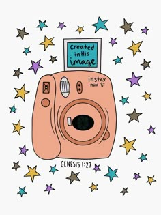 a pink camera with stars around it and the words created by an image on top