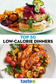 the top 50 low - calorie dinneres are on this plate, and there is