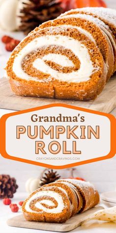 pumpkin roll with cream cheese frosting on top and cinnamon swirl in the middle, sitting on a cutting board