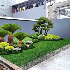 an outdoor garden with grass, trees and rocks in the shape of animals on it