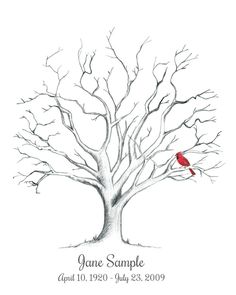 a drawing of a tree with a red bird perched on it's branch and the words