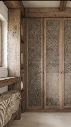 a large wooden cabinet in a bathroom next to a sink and mirror on the wall