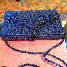 Never Used. Elegant Blue Beaded Bag, Blue Beaded Evening Bag, Evening Blue Beaded Bag, Blue Beaded Evening Bag For Formal Occasions, Blue Beaded Party Bag, Formal Blue Embellished Bags, Blue Beaded Evening Bag For Party, Vintage Blue Evening Bag For Party, Blue Embellished Evening Bag For Formal Occasions