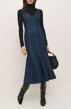 Reformation Serafina Denim Midi Dress | Nordstrom Turkey Fashion Style Dresses, 90s Minimalism Fashion, Long Denim Dress, Denim Dress Outfit, Chic Midi Dress, Midi Dress Chic, Denim Maxi Dress, Denim Midi Dress, Jean Shirt Dress