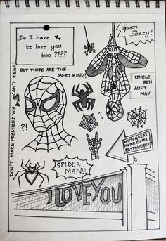 a notebook with spiderman and other things drawn on the pages, including an advertise