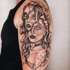 Medusa Gemini Tattoo, Lady Sleeve Tattoo, Gemini Half Sleeve Tattoo, Half And Half Face Tattoo, Deer Gemini Tattoo, Tattoos Of Goddesses, Gemini Tattoo Thigh, Scorpio Lady Tattoo, Goth Half Sleeve Tattoo