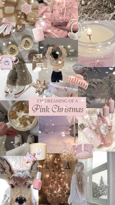 pink christmas collage with teddy bears and other things in the background, including candles