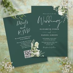 two green wedding cards with white flowers on them