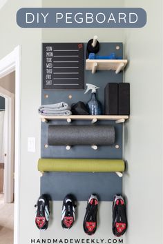 an organized pegboard with shoes hanging on it and the words diy pegboard above it