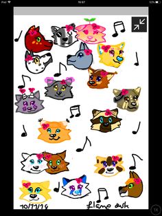 the stickers are all different colors and designs on this phone screen, with music notes