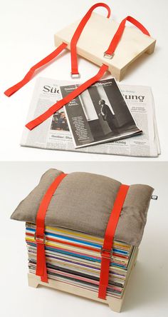 two different bags with red straps on them and one is made out of newspaper pages