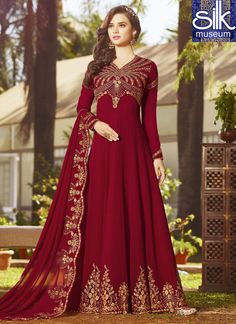 New #Designer #Party Wear #Floor #Length #Georgette #Fabric #Anarkali #Suits. #Price On #Demand !!  #CATALOG - "SM2045"   #WHATSAPP NOW - +91-9601991177. #CUSTOMIZE UP-TO  #READY #SIZE 42 (#Maximum).  #Buy Now - https://www.silkmuseumsurat.in/salwar_kameez?catalog=1385 Red Long Frocks Indian, Long Frocks Indian, Heavy Dupatta, Long Suit, Dia Mirza, Indian Salwar Kameez