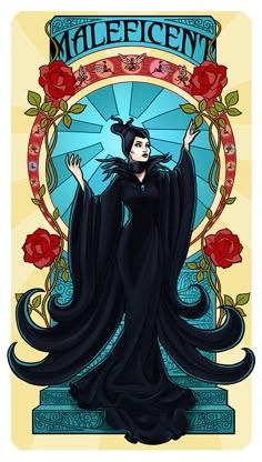 an image of a woman in black dress with roses on her head and the words maleficent above it