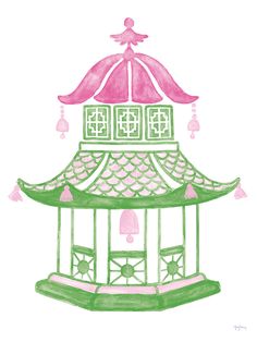 a drawing of a pink and green pagoda with bells on it's roof, in front of a white background