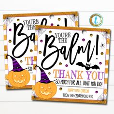 two halloween party thank you cards with pumpkins