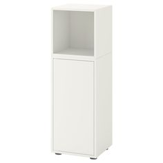 a tall white cabinet with one door and two shelves on each side, against a white background