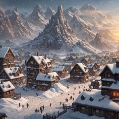 a snowy village with mountains in the background and people walking through the snow covered streets