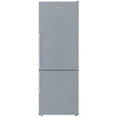 a gray refrigerator freezer sitting on top of a white wall