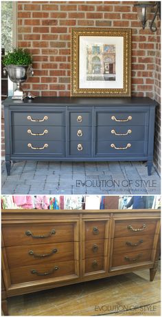 a blue dresser with gold handles in front of a brick wall and potted plant