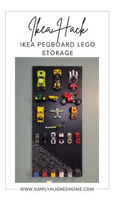 a pegboard with cars and trucks on it in front of the words ikea pegboard lego storage