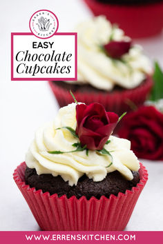 Decorate these easy Chocolate Cupcakes with whipped cream frosting and the topping of your choice. They're super-simple to make and taste divine. This Easy Chocolate Cupcakes recipe makes cupcakes that are crazy moist, decadently chocolatey, and ready to devour in under an hour! These are the best birthday desserts!

Go to errenskitchen.com for more easy, delicious, and even quick recipes! Looking for busy weeknight dinner meals too? This is your place! Chocolate Cupcakes From Scratch, Easy Chocolate Cupcakes, Easy Chocolate Cupcake Recipe, Homemade Chocolate Cupcakes, Vegetarian Thanksgiving Recipes, Thanksgiving Dinner Recipes, Cupcake Recipes Chocolate, Birthday Desserts, Creamy Chocolate