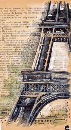 a drawing of the eiffel tower in paris, france on an old book page