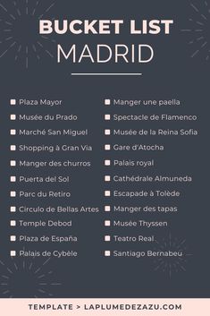 the bucket list for madrid in spanish and english, with an image of fireworks behind it