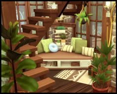 a living room filled with lots of furniture next to a set of stairs and potted plants