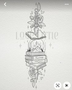 a tattoo design with books and roses on it