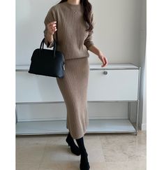 ▶ Color ◀ Cream Beige Gray Black ▶ Size ◀ One size(Free) ▶ Fabric ◀ Acrylic ▶Size Spec(As flat measured not Circular.)◀ Top (Sweater) Total Length : 70cm Chest : 60cm(Around 120cm as circular) Shoulder : 66cm Sleeve length : 46cm Bottom (Skirt) Total length :  82cm Waist  : 32cm(Maximum stretch 43-45cm - Around 86-90cm as circular) Hip : 46cm -------------------------------------------- ▶ SHIPPING Information ◀ Delivery usually takes 10~15 business days. (Korea Post EMS) Even it is express shipp Winter Beige Knit Skirt, Casual Knitted Skirt For Fall, Knitted Skirt For Fall, Fall Knitted Skirt, Knit Top And Skirt, Matching Skirt Set, Skirt Knit, Skirt Sweater, Top And Skirt Set