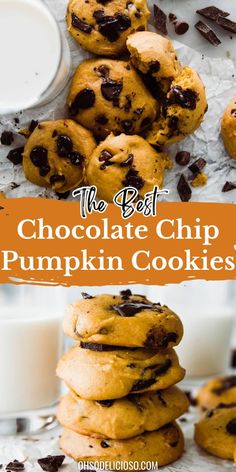 chocolate chip pumpkin cookies stacked on top of each other next to a glass of milk