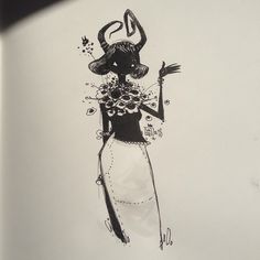 a black and white drawing of a woman with flowers in her hair, holding an umbrella